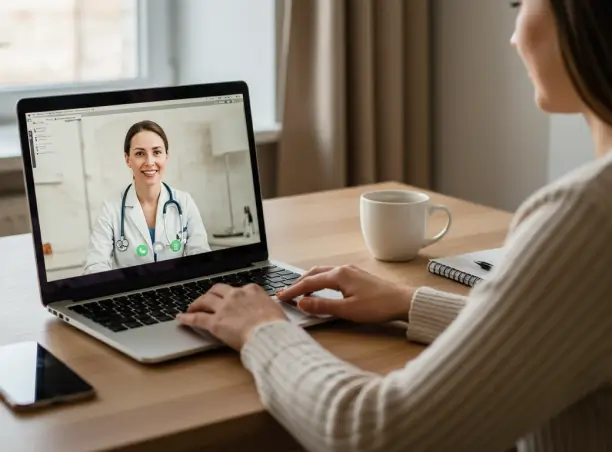 Paciente em consulta online com dermatologista pelo notebook